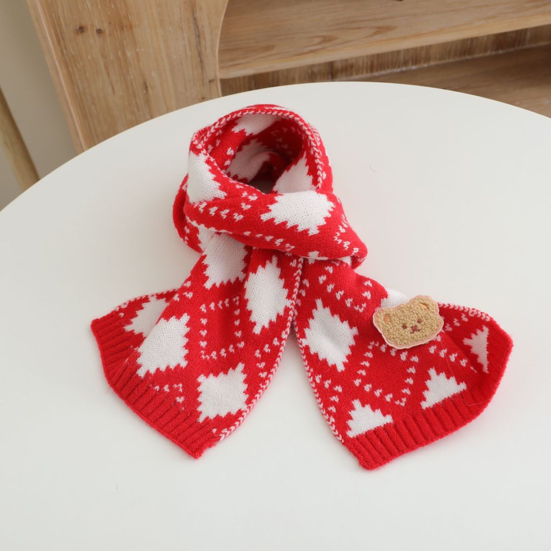 Picture of Children's Woolen Scarf Korean Style Color-Blocked Stripesd Knitted Embroidered Korean Bear Cute Woolen Scarf for Boys and Girls
