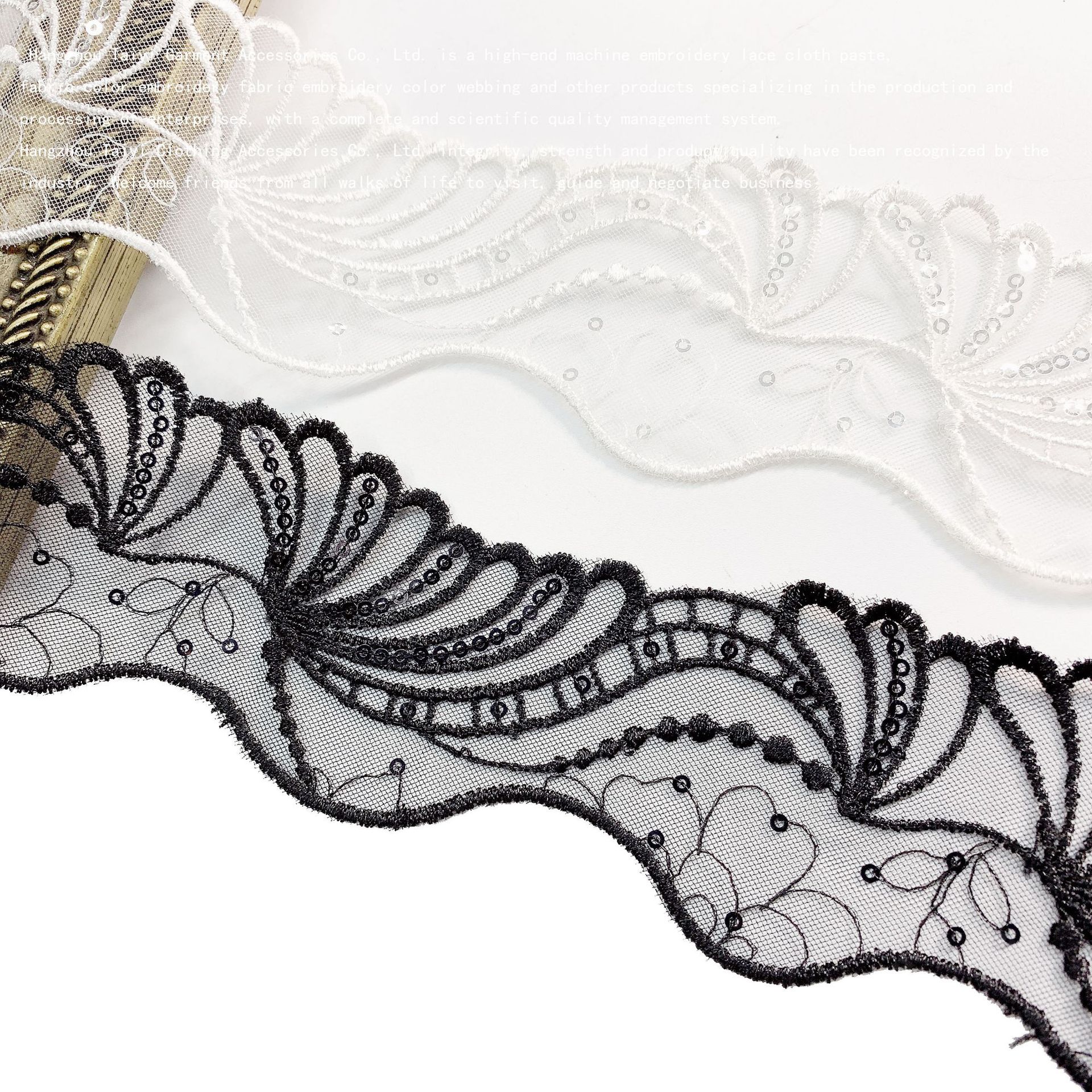 in stock new fashion home textile clothing accessories net sand fan wave edge sequin embroidery bar code lace