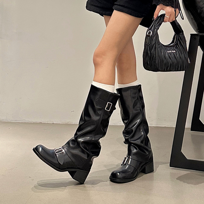 Women's knee-length boots thick heel 2023 autumn and winter new women's boots European and American boots long boots round toe Western Knight boots