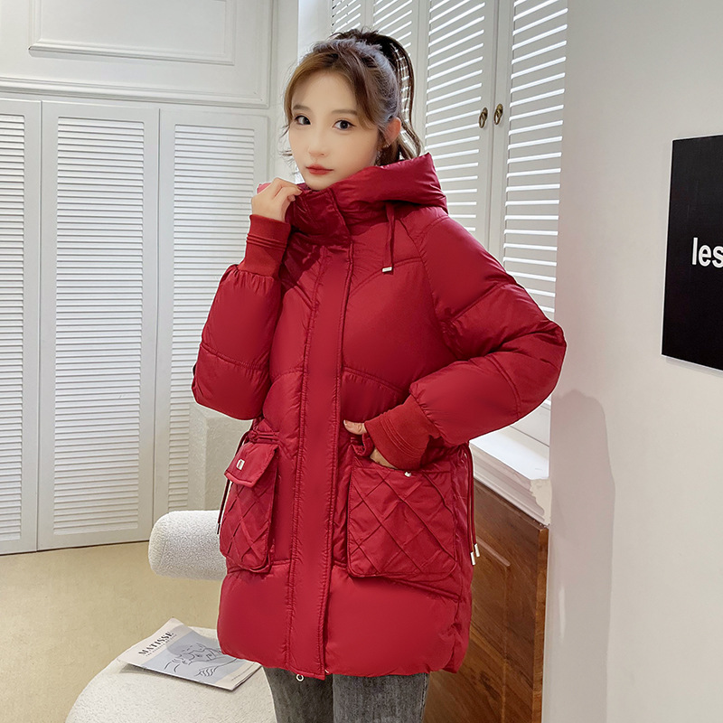Picture of 2023 new hooded cotton-padded coat solid color warm thickened casual mid-length versatile college style elegant cotton-padded coat