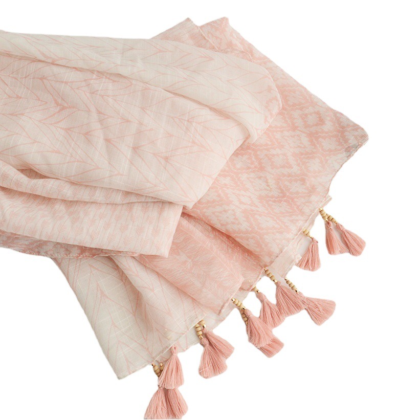 Spring and Summer New Bohemian Style Cotton and Linen Scarf Export Original Single Handmade Wooden Beads Tassel Decorative Silk Scarf Large Gauze Scarf