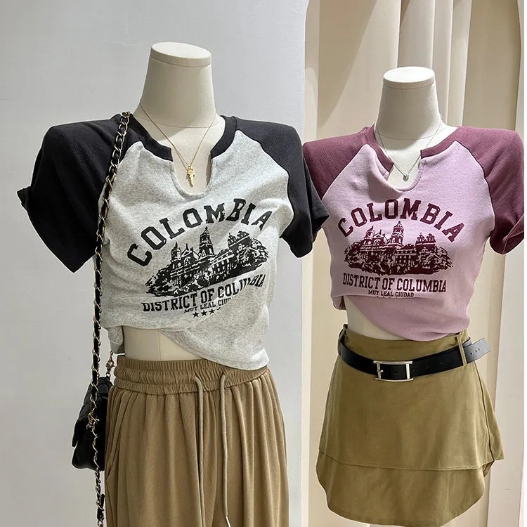 American Style Retro Ice Silk Color Splicing Rulose Short-sleeved T-shirt Women's Summer Design Sense Stretch Slim-fit Slimming Short Top Trendy