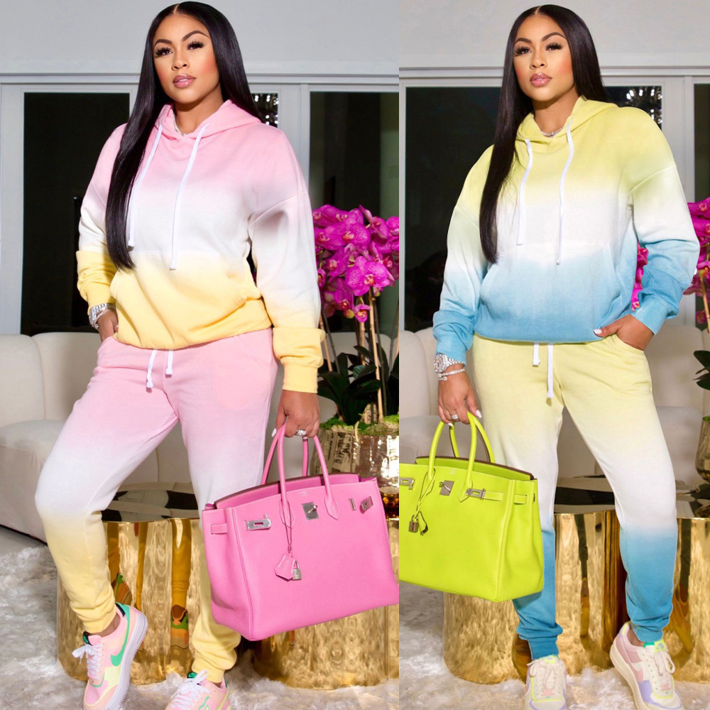 European and American sweater suit 2021 autumn new women's cross-border Amazon casual fashion gradient hooded two-piece set