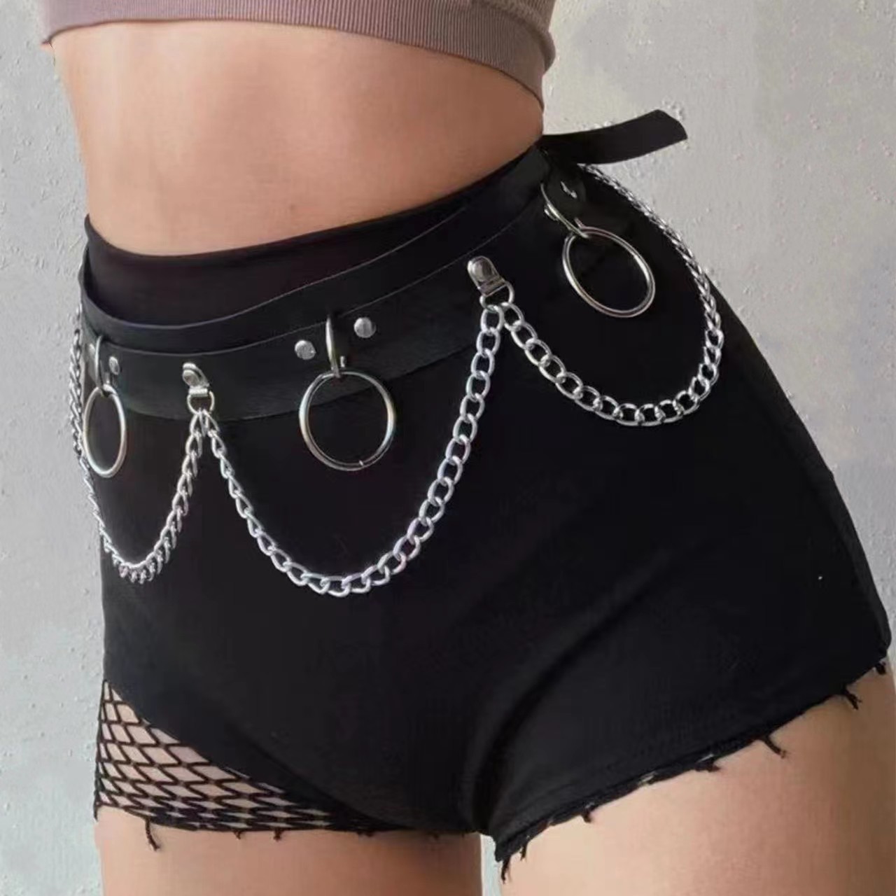 European and American Personality Punk Style TikTok Internet Celebrant Leather Waist Chain Chain Ring Pendant PU Leather Women's Belt Belt Belt