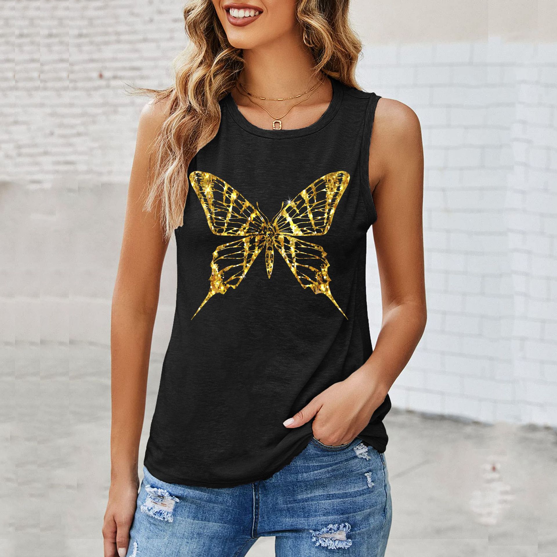 Spring AliExpress Cross-border shirt New Colorful Yellow Butterfly Printed Loose Round Neck Sleeveless T-shirt