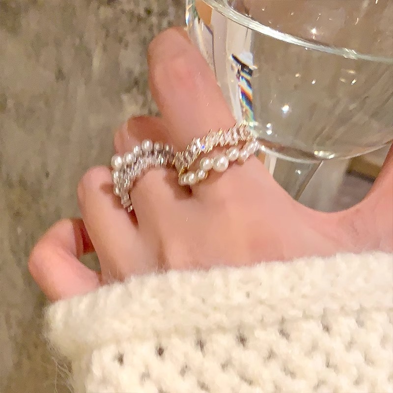 Xinghe Brilliant ~ Gestover Pearl Double-layer Open Ring Women's Light Luxury Niche High Fashion Finger Ring