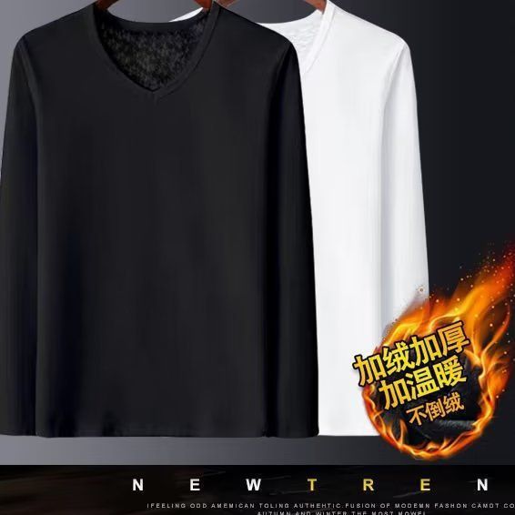 [new] men's fleece-lined thermal underwear bottoming shirt autumn and winter round neck long sleeve top thick winter solid color