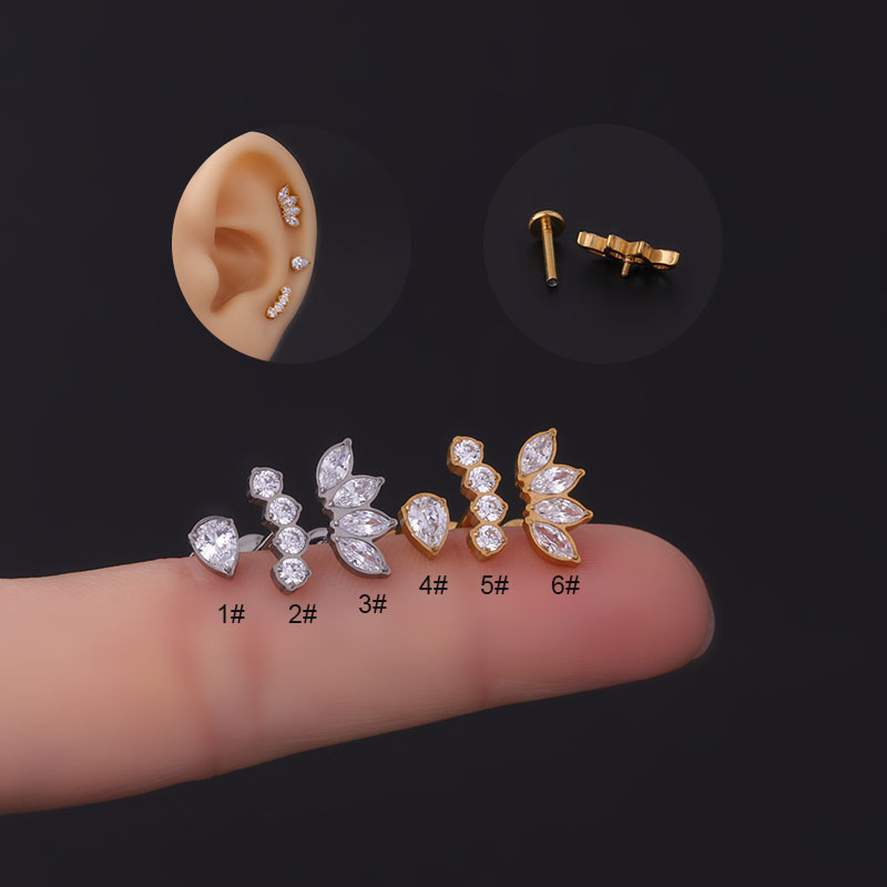 G23 titanium inlaid zircon water drop shape flat Rod ear bone nail piercing jewelry 1. 2x8mm inner screw lip decoration lip nail