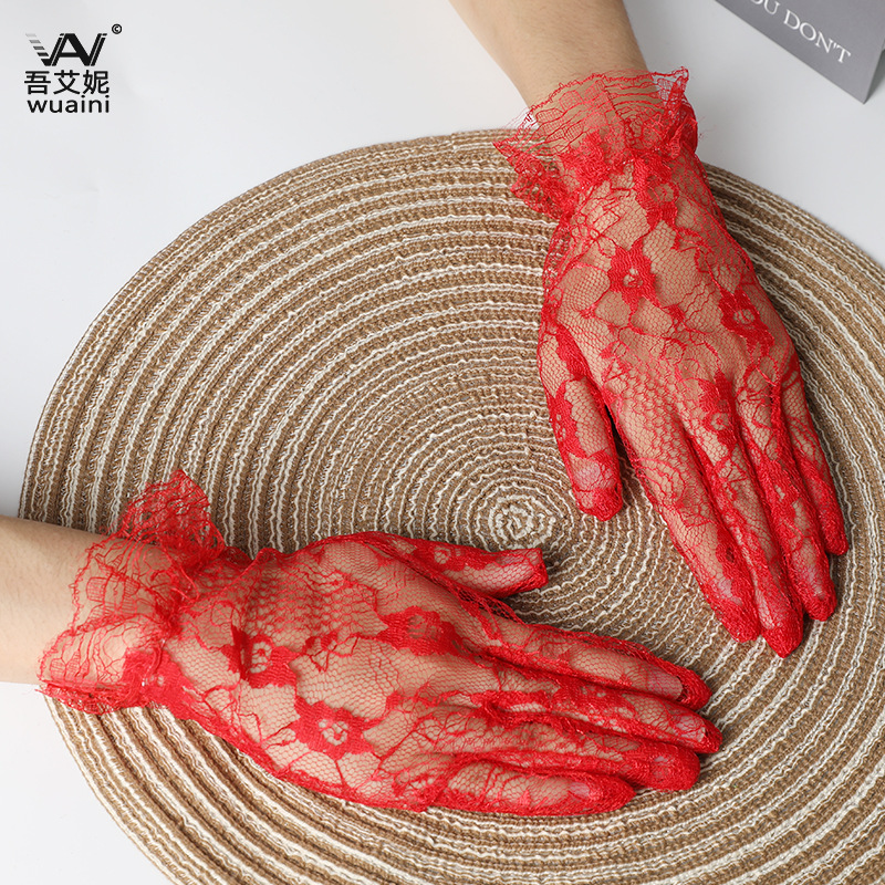 Picture of Bridal Gloves Red Wedding Dress Anime Lolita Accessories Pattern Sleeves Women's Short Lace with Fingers