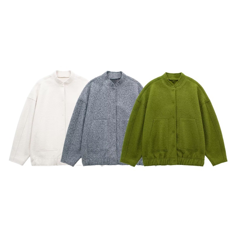 Picture of 2023 autumn and winter New European and American style solid color women's pocket decoration loose pilot jacket baseball uniform casual jacket