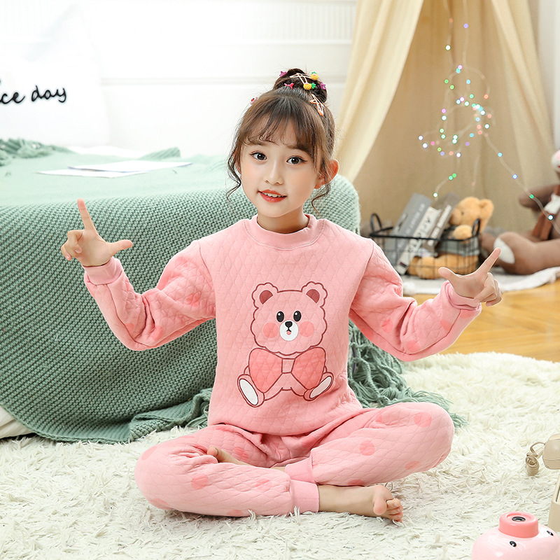 Picture of Winter new children's underwear quilted three-layer warm thickened suit half collar children's hollow cotton autumn clothes long pants