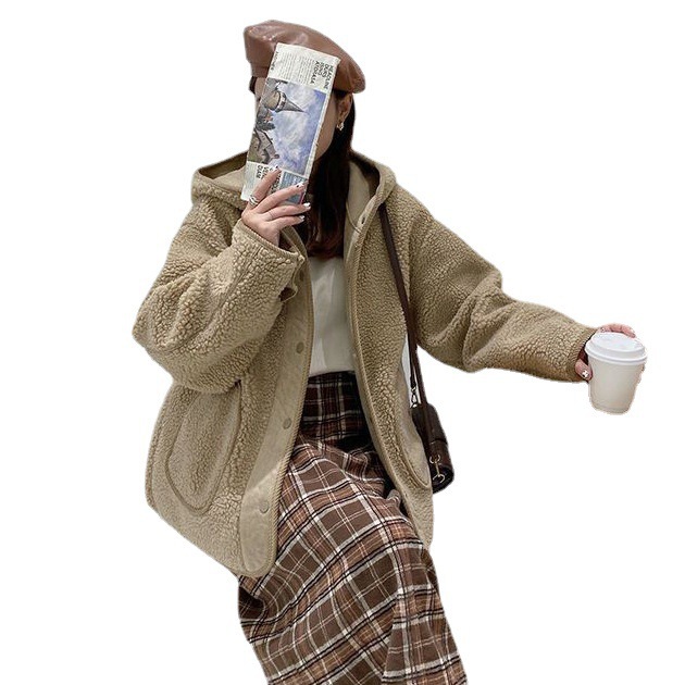 Picture of Imitation Lamb Wool Hooded Outwear for Women, Autumn and Winter Outwear with Button, New Korean Style, Loose, Slim and Versatile Top for Small People