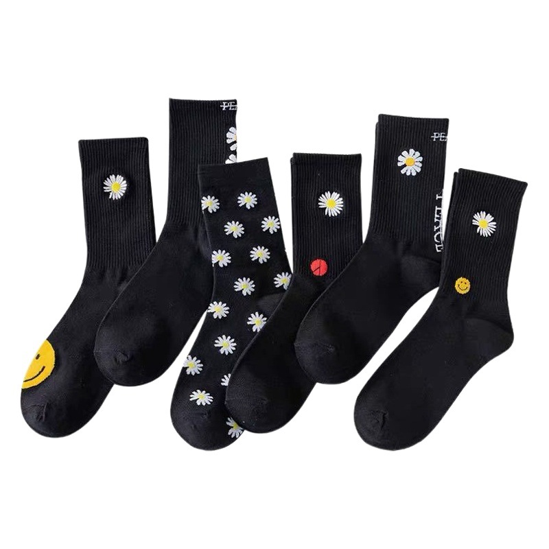 Little Daisy Black Women's Socks Children's Stockings Chrysanthemum Ins Trendy Men's Korean-style High-top Mid-tube Stockings Cross-border