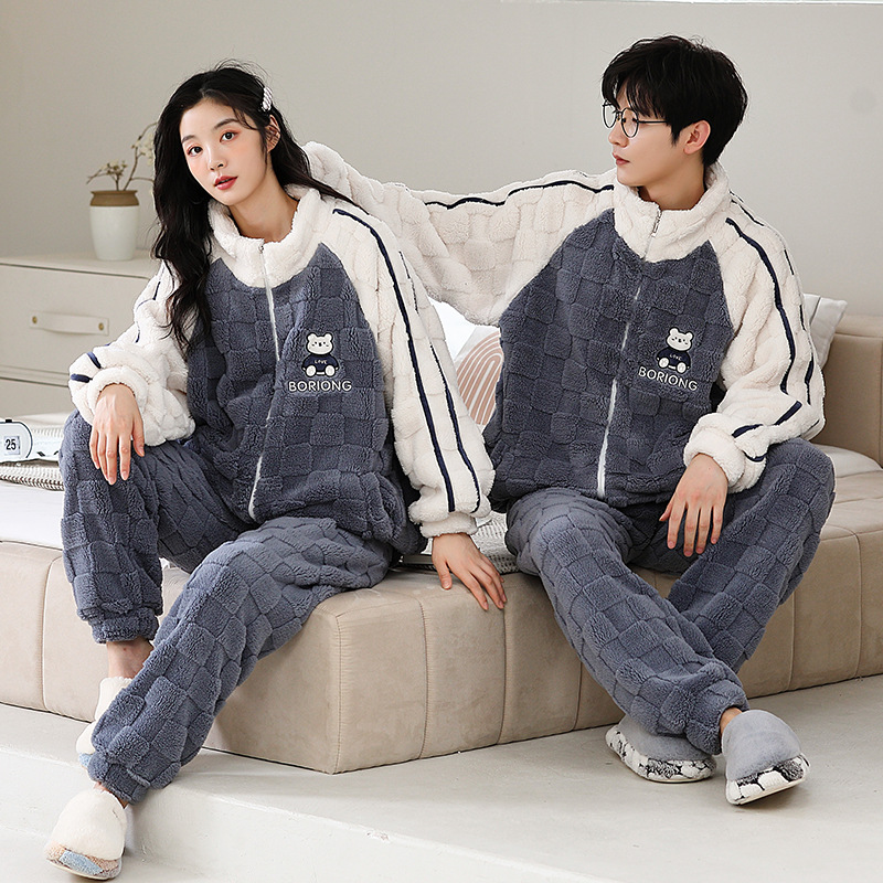 Zipper Couple Pajamas Autumn and Winter Thickened Warm Women's Cartoon Winter Flannel Men's Home Clothes suit
