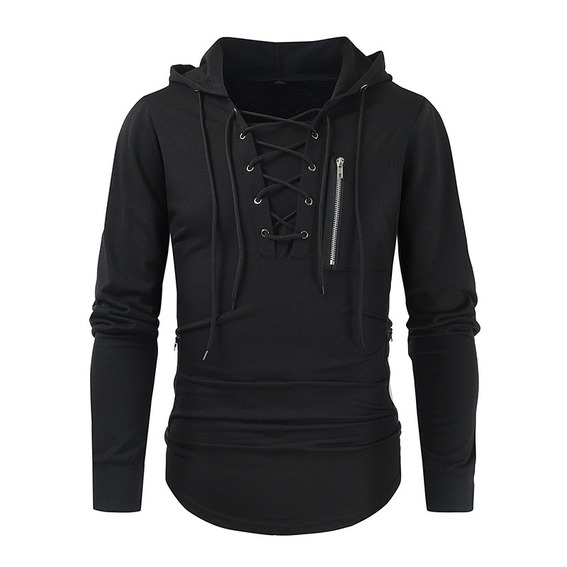 2025 Men's Spring and Autumn Hoodie Solid Color Lace-Up Zipper Pocket Sports Streetwear Hooded Sweatshirt
