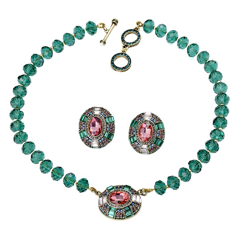 Mid-ancient light luxury egg-shaped crystal necklace suit bright luxury oval crystal stud earrings necklace suit jewelry
