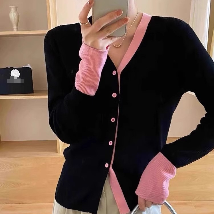 Cross-border Southeast Asia Design Sense Color-matching Long-sleeve Buckle Cardigan 2025 Autumn New V-neck Knitted Thin Jacket