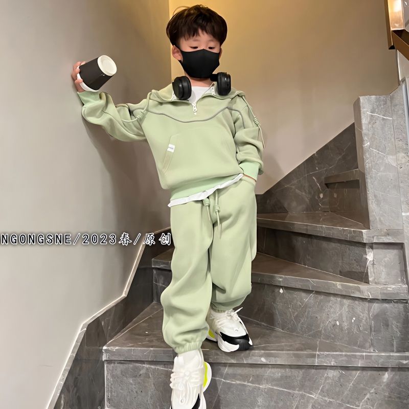 Children's Clothing Spring and Autumn Boys' suit and Autumn Clothing Korean-style Long-sleeved Hooded Sweat Casual Pants Western-style Two-piece Set