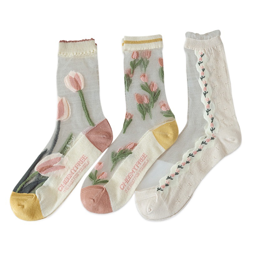 Socks for Women Spring and Summer Thin Mid-Calf Socks Sweat-Absorbent and Breathable Forest Tulip Stereo Flower Stockings