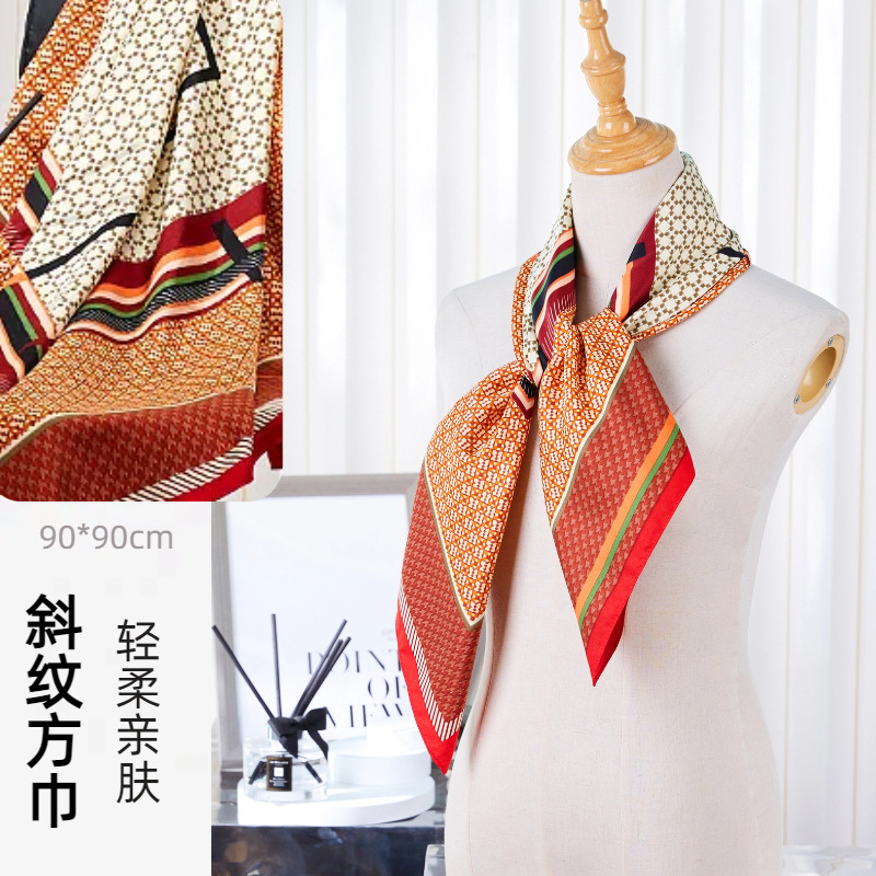 90 Large Square Scarf Twill Retro Versatile Silk Scarf Silk-Like Women's Professional Scarf Gauze Scarf Wholesale Cross-Border Headscarf Customization