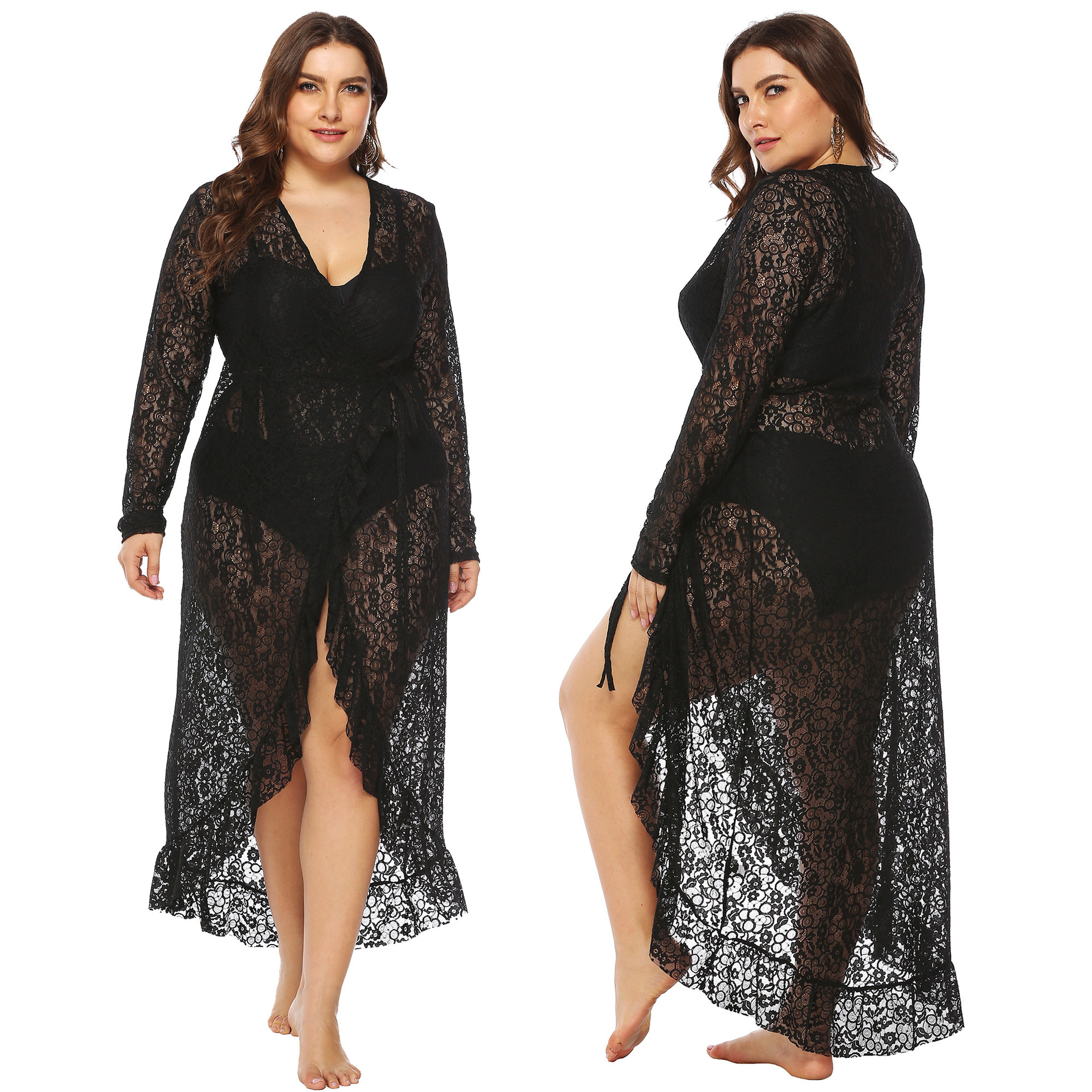 Cross-Border Sexy See-Through Lace Dress with Asymmetrical Ruffles and Straps for Fat Girls Zt1728