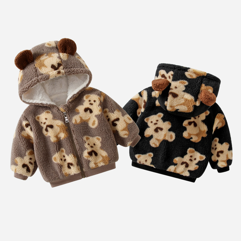 Picture of Children's Outwear Velvet Thickeneded Baby Warm Outing Clothes 2025 Autumn and Winter Cartoon Bear Hooded Baby Clothes