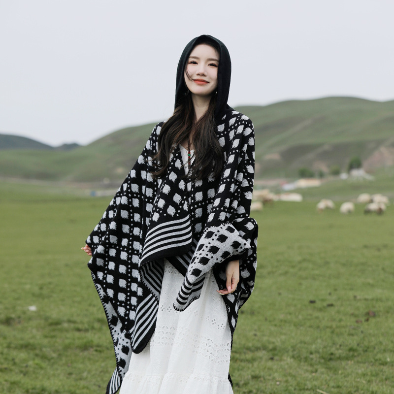 Picture of Ethnic Style Hooded Shawl Women's Yunnan Western Sichuan Travel Wear Costume Xinjiang Desert Photograph Outer Cape Cape