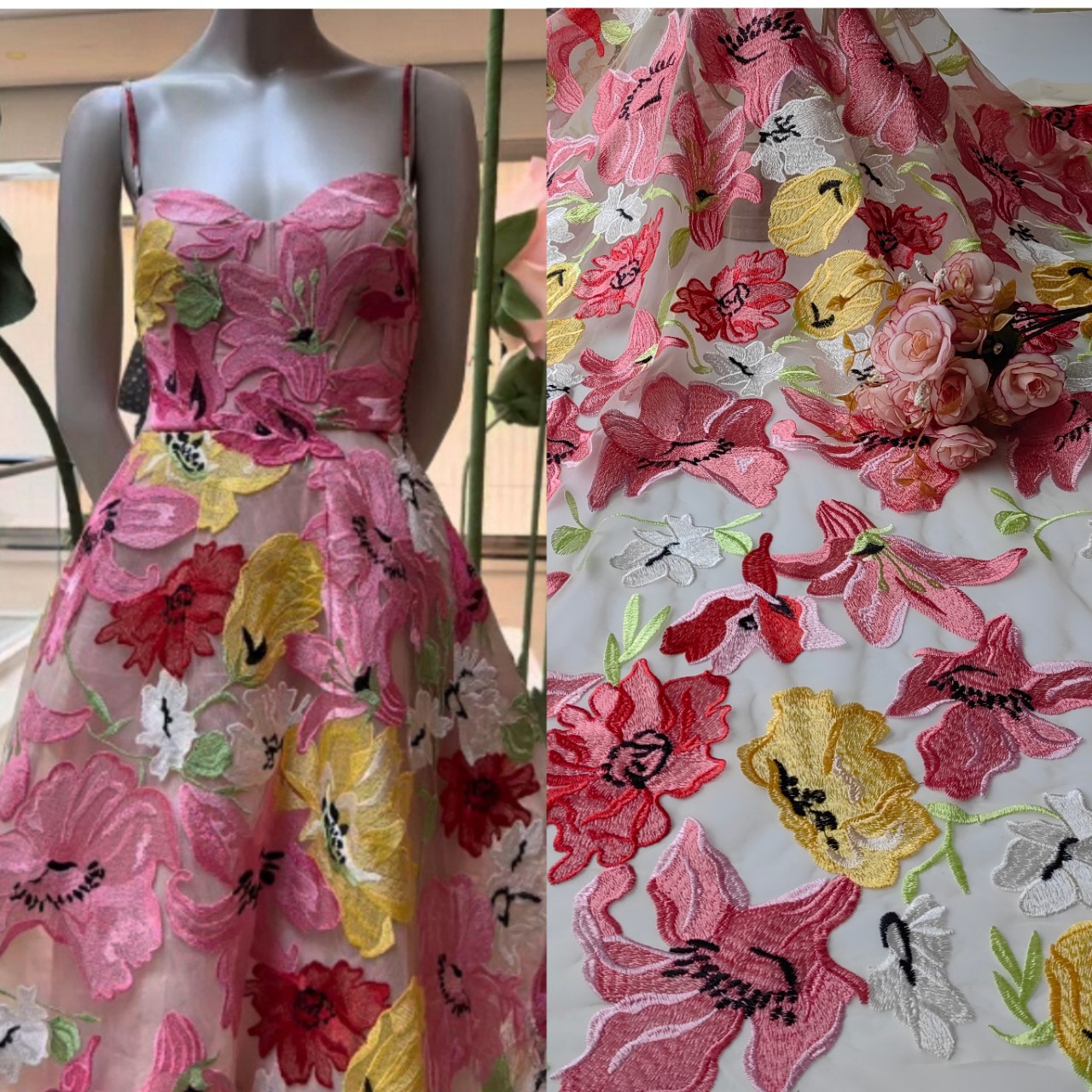 Mesh Embroidered Fabric Lace Trim Floral Embroidery Fashion Fabric with Three-Dimensional Embroidery