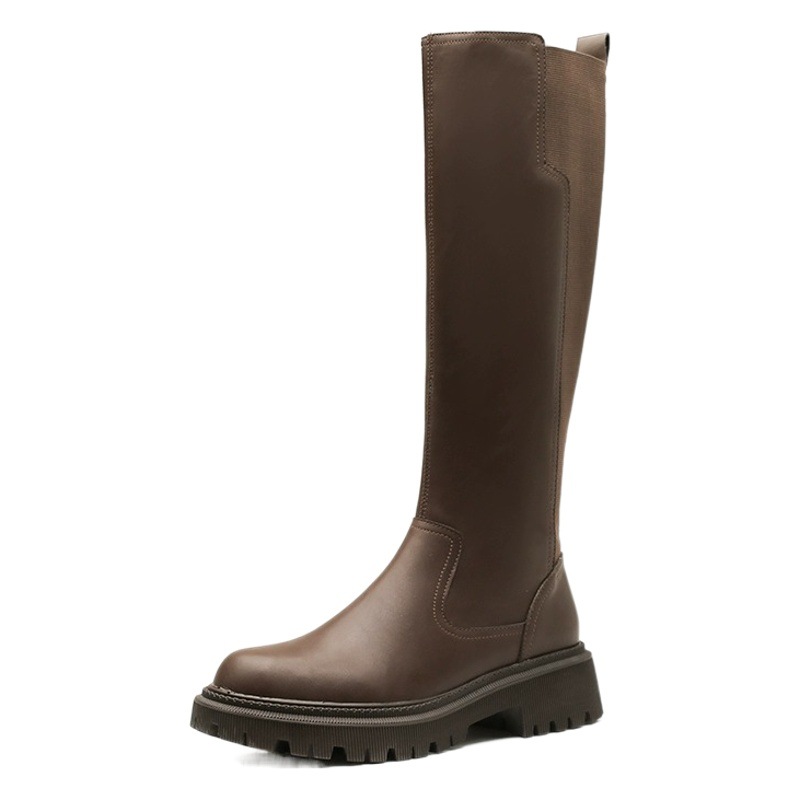 2025 Autumn and Winter New Leather Thick-soled Increased Knights Boots Women's High Boots But Knee Long Boots British Style Long Boots