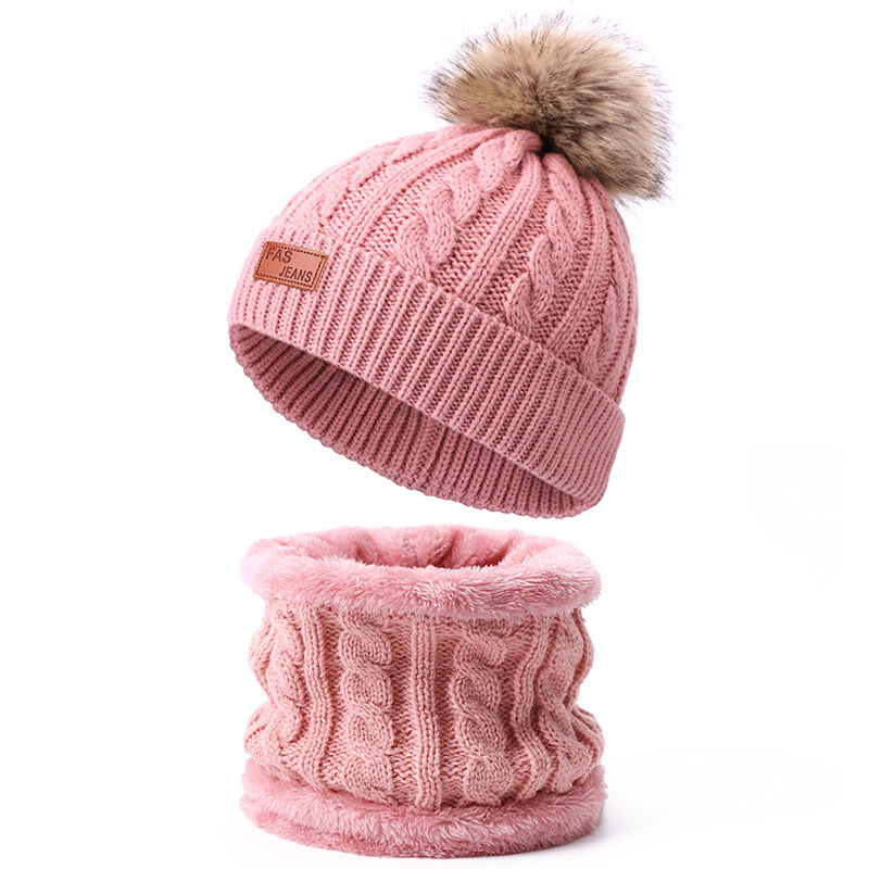 Picture of Winter Children's Neck Hat Two-Piece Pompom Baby Baby Knitted Hat Warm Wool Fleece-Lined Thickened Neck Set
