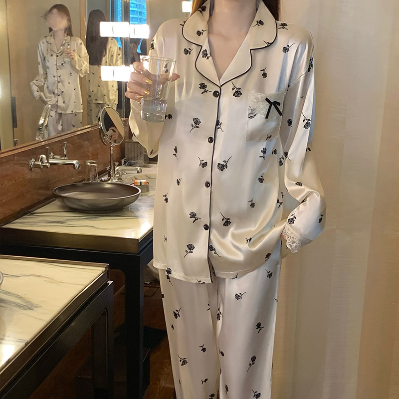 New high sense black rose lace lace sweet long sleeve ice silk pajamas women's autumn home clothes real shot wholesale