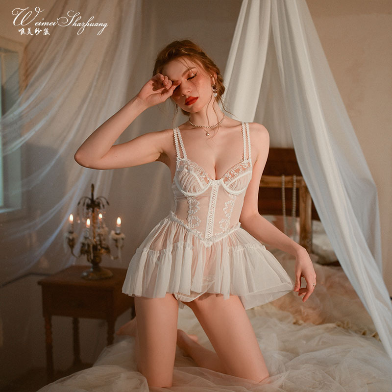 Beautiful yarn lace strap nightdress women's fungus lace mesh transparent goods strap pajamas pure sexy lingerie