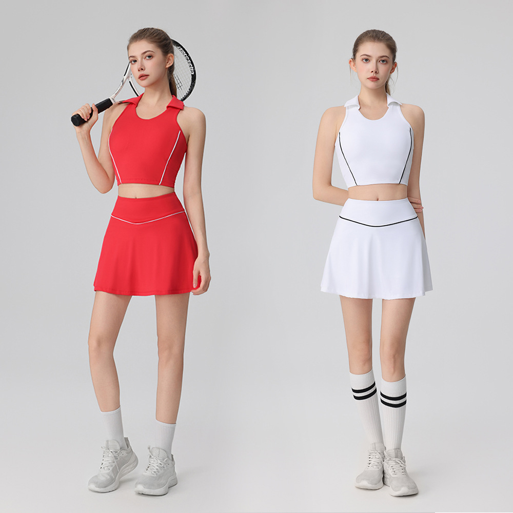 Bing Color New Contrast Color Fitness Bra Women's Yoga Vest Sweat-Absorbent Breathable Golf Sports Tennis Skirt Set