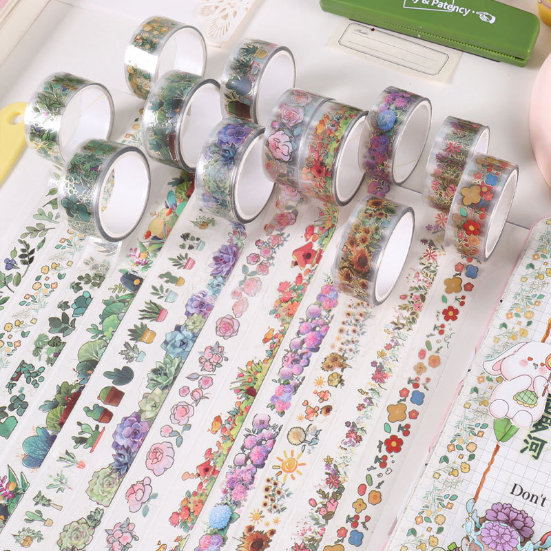 Cross-border flowers and plants series 12 rolls of double transparent bronzing PET tape with paper flowers