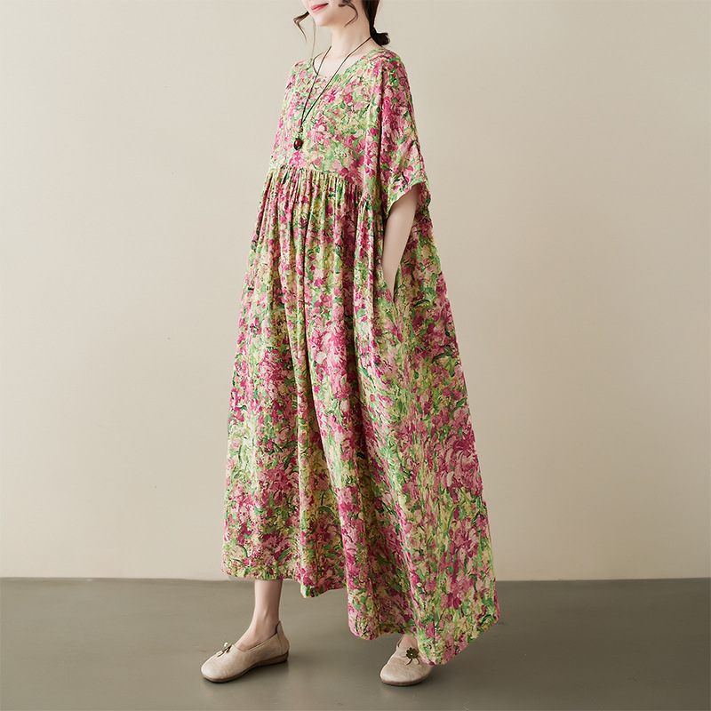 Chubby Girl plus size women's artistic retro dress 2024 Summer new ethnic style round neck pullover short sleeve dress