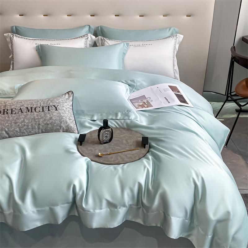 High-end double-sided 100 solid color Tencel four-piece set simple double quilt cover single product bed sheets double bedding wholesale