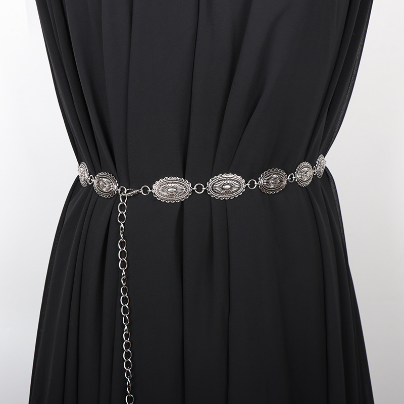 Retro famous ethnic style embossed pattern antique silver chain all-match metal waist chain dress pants decorative belt New