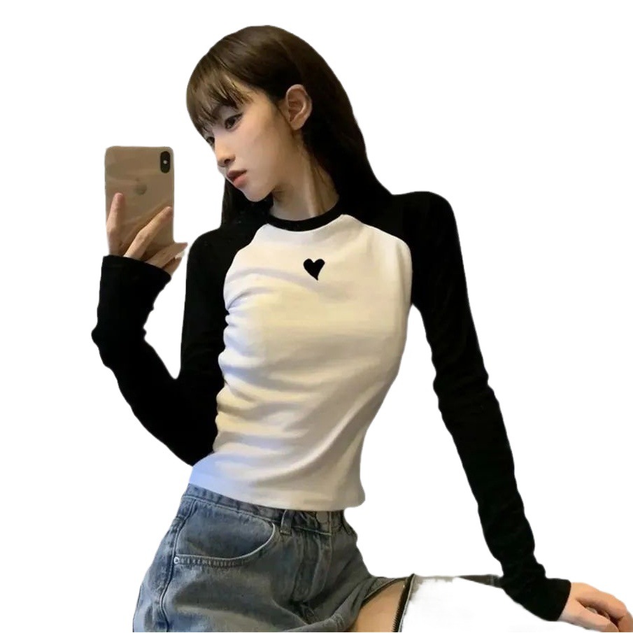 Women's Contrast Shoulder Long-sleeved T-shirt 2024 Spring and Autumn Stitching Slim-fit Inner Short Small Love Printed Base Shirt