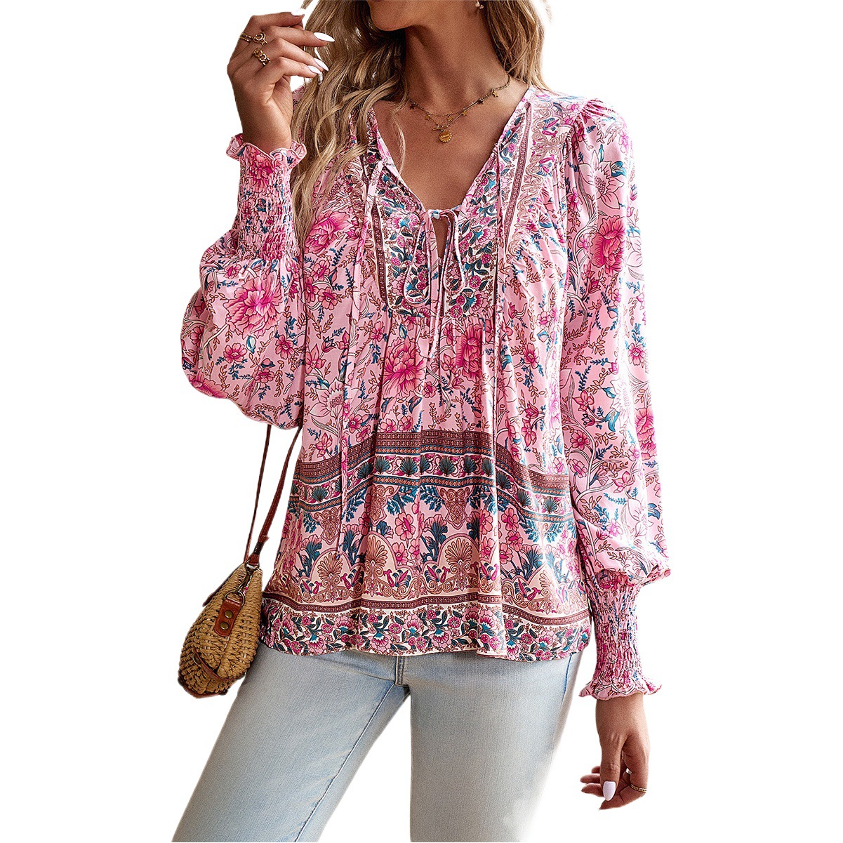 Kaikuo European and American Cross-Border European Station Amazon Printed Shirt Women's 2025 Autumn Elegant Export V-Neck Long-Sleeved Top