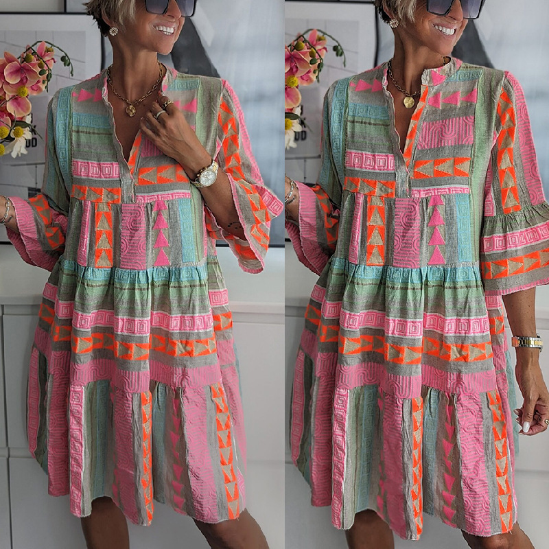 Cross-Border Export Women's Clothing Independent Station Amazon New European and American Autumn Printed V Neck Three-Quarter Sleeve Dress