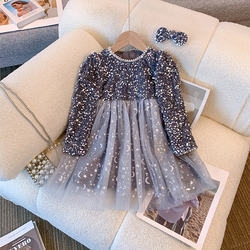 Girls' Winter Dress fleece-lined princess dress children's baby girls' super fairy sequined dress dress versatile long sleeve mesh dress