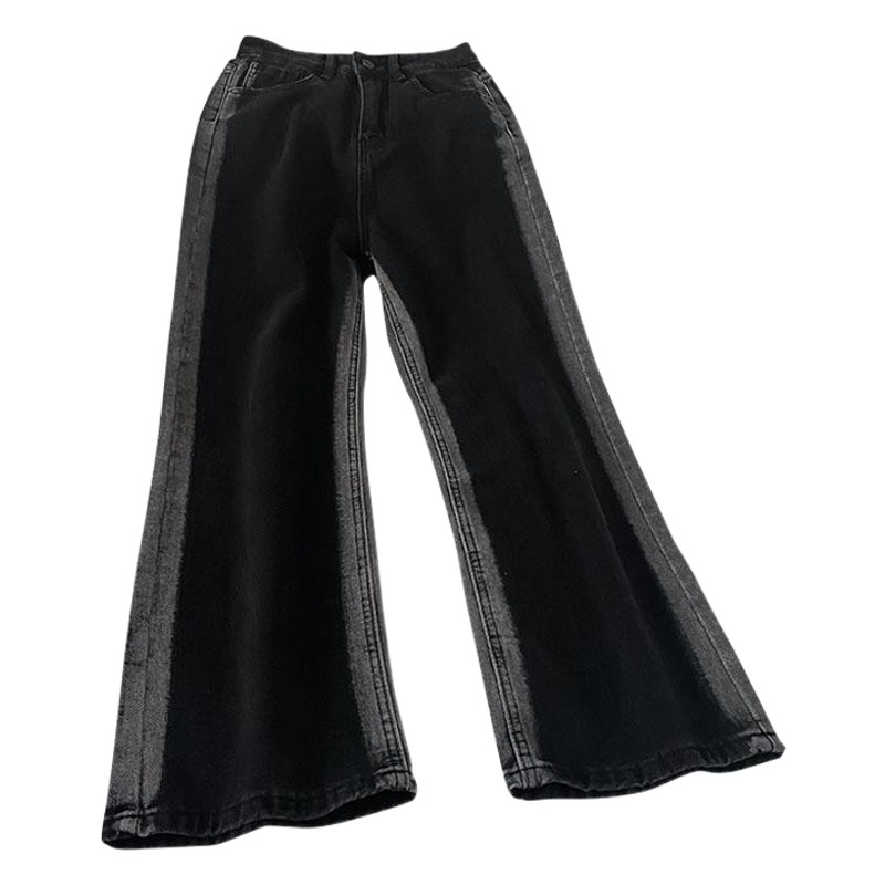 Fleece-lined Gradient Wide-leg Jeans Women's Thickened Contrast High Waist Slimming Warm Loose Floor-length Straight Long Pants for Winter
