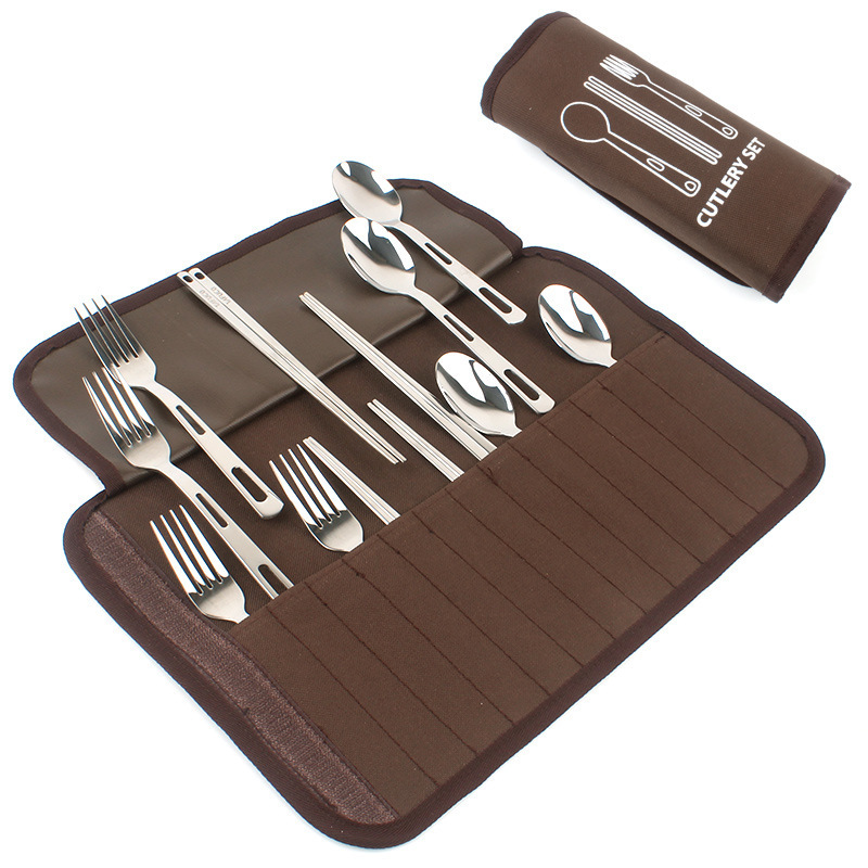 Picture of Outdoor Tableware Set Camping Barbecue 4 Person Tableware Portable Stainless Steel Spoon Chopsticks Fork Travel picnic bag