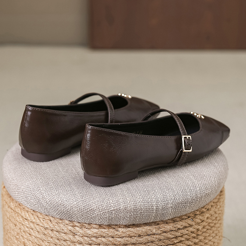 Picture of French Style Mary Jane Shoes with Skirts for Women 2025 Spring & Fall New Korean Style Flats Bean Shoes Silver Small Leather Shoes
