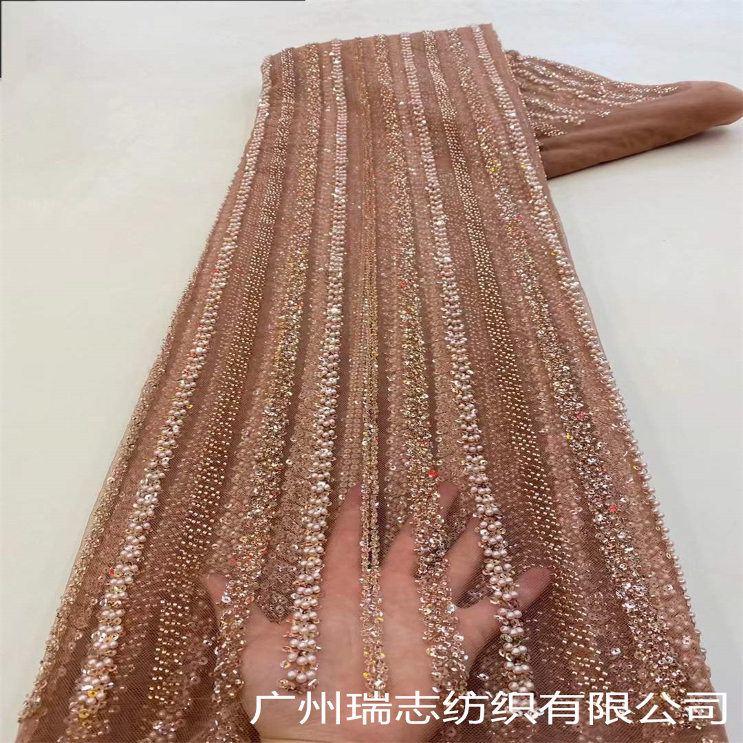 Picture of Bubble Stripe Crystal Sequins Beaded Tube Embroidered Mesh Fabric French Wedding Dress Xinjiang Hair Hat Dress Embroidered Cloth