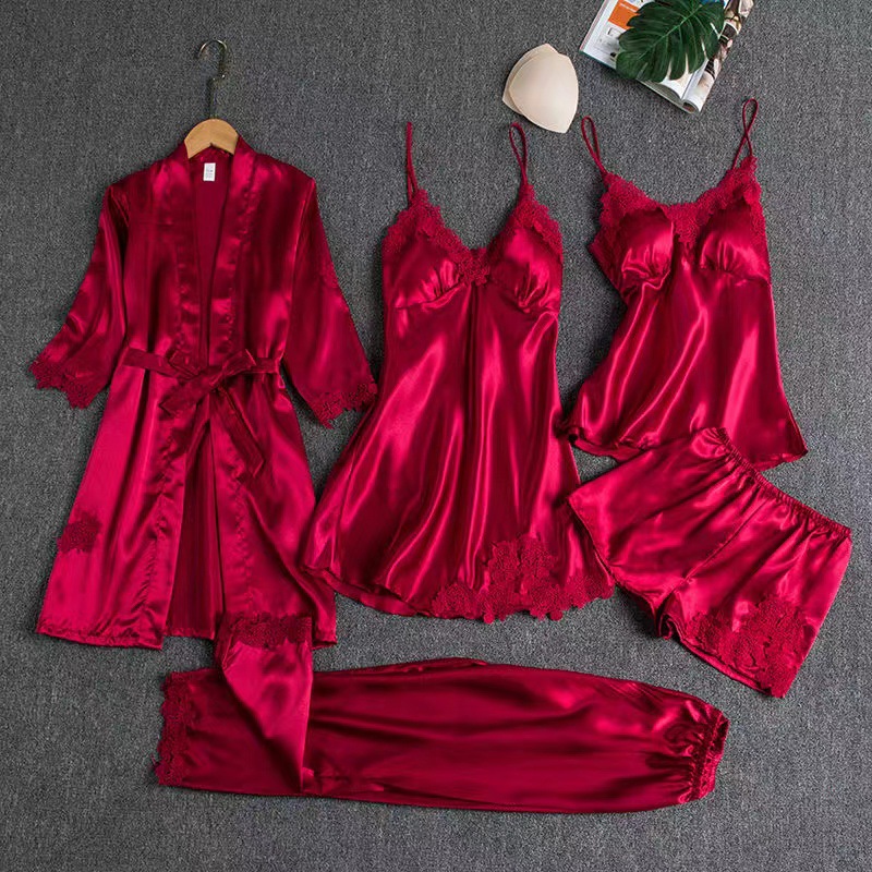 Pajamas with Chest Pad Women's Five-piece Set for Spring and Autumn and Summer Women's Silk Pajamas Sexy Slip Skirt Long-sleeved Nightgown Home Clothes