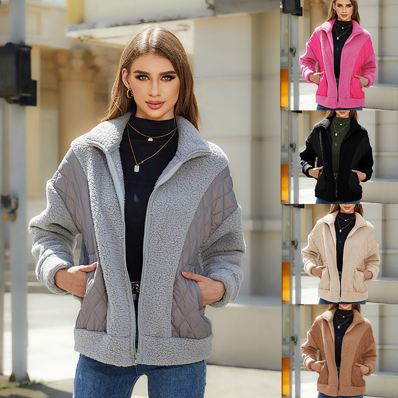 Flash velvet 2023 cross-border European and American women's autumn and winter new fashion long sleeve cardigan zipper plush stitching ladies coat