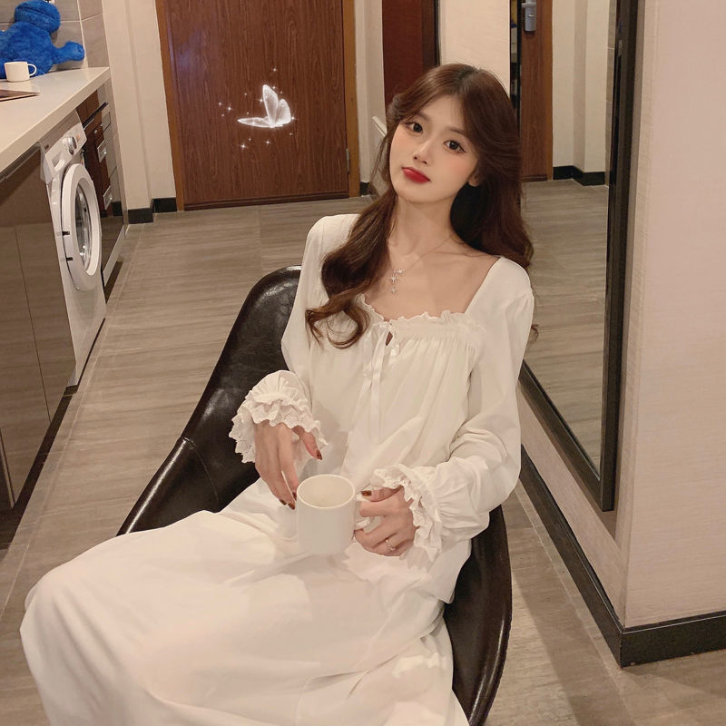 New Ins Nightgown Pajamas for Women Spring Autum Winter 2020 Palace Japanese Style Sweet Long White Long-Sleeved Home Clothes