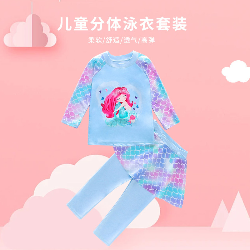 Long-Sleeved Swimwear Children's Sunscreen Split Skirt Cartoon Swimsuit 1-8 Years Old Children's Two-Piece Swimsuit