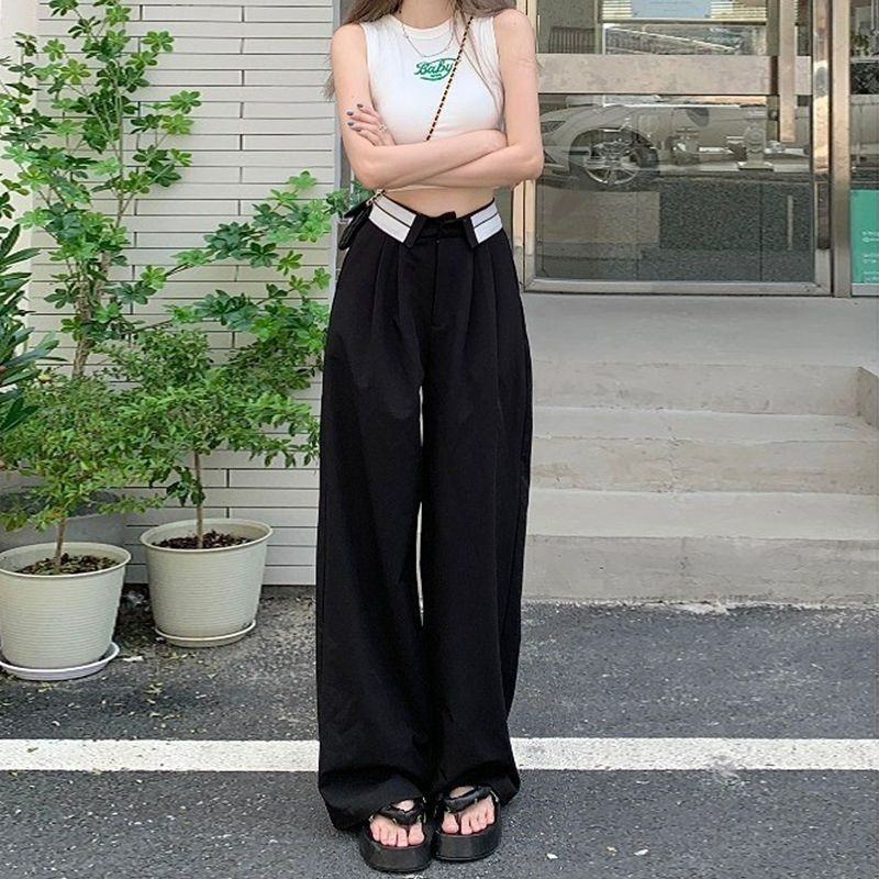 Casual pants# gray design sense high waist suit pants hanging sense loose Korean version all-match turn-up wide leg pants floor pants